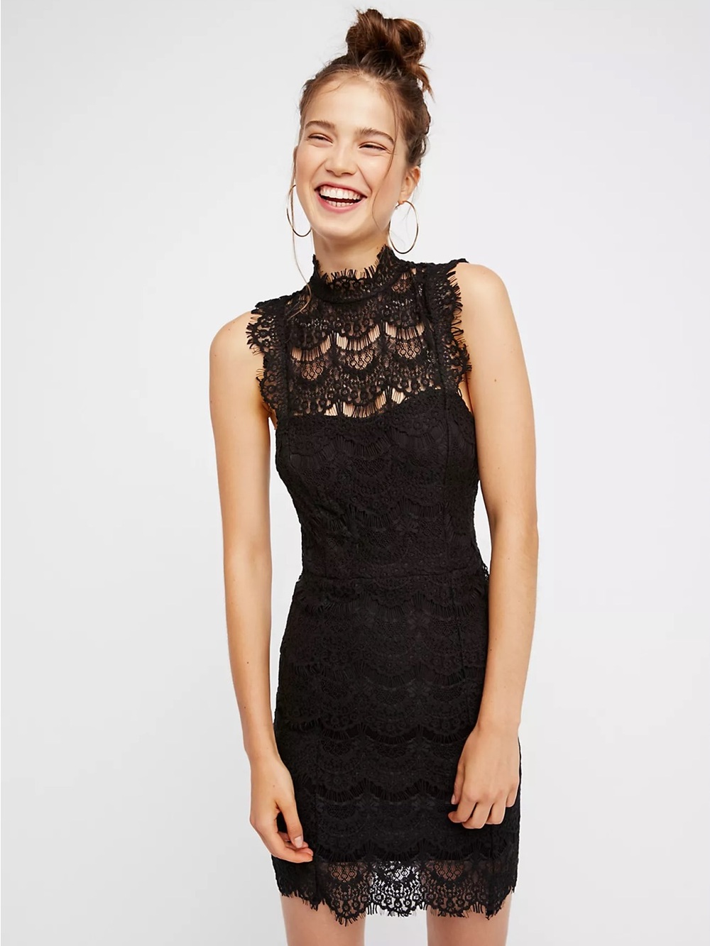 NWT Free People Black Lace Open Back Mini Dress Size Medium Mock Neck Cocktail